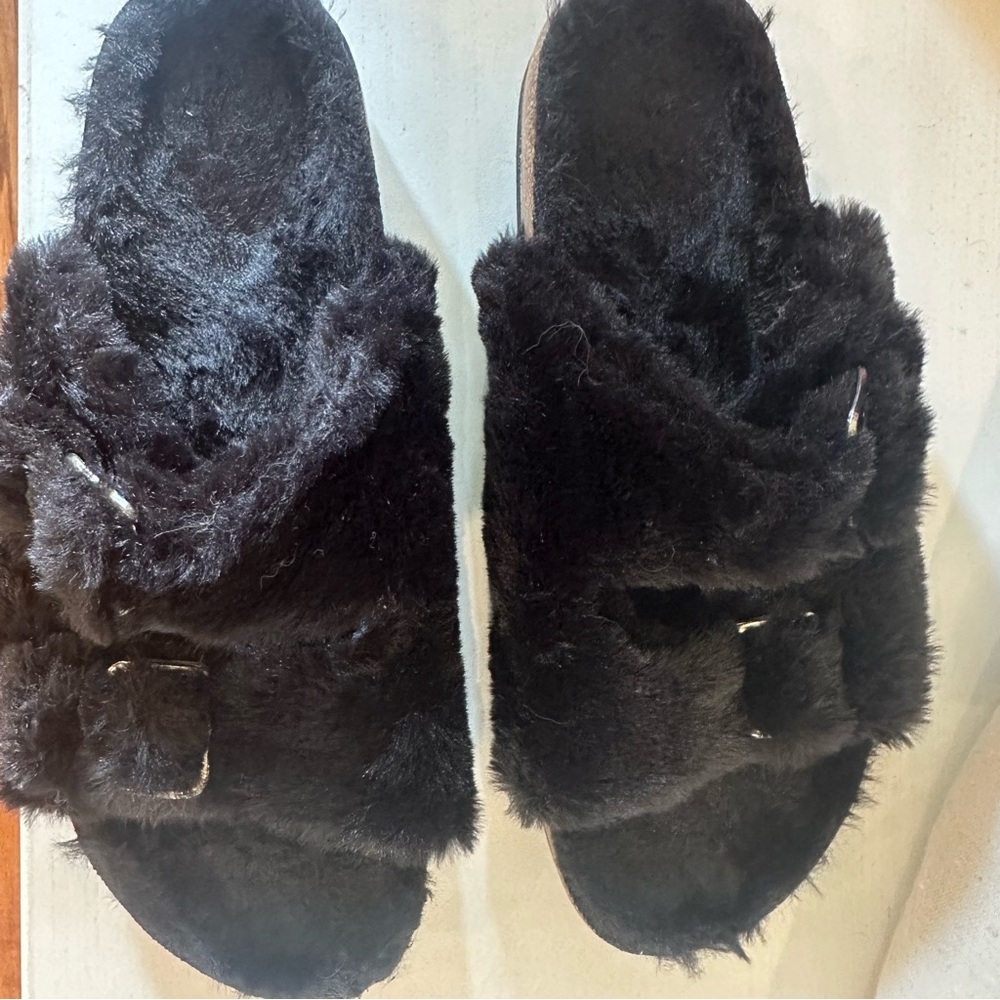 Fuzzy Black Slide Sandals View 2